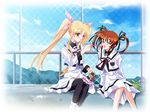  blonde_hair chain-link_fence closed_eyes fate_testarossa feeding fence food lyrical_nanoha mahou_shoujo_lyrical_nanoha mahou_shoujo_lyrical_nanoha_a's multiple_girls obentou pantyhose red_eyes red_hair ringo_apple school_swimsuit swimsuit takamachi_nanoha tako-san_wiener 