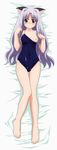  absurdres animal_ears azmaria_hendric barefoot bed blush breasts cameltoe cat_ears chrono_crusade competition_school_swimsuit covered_nipples feet highres lavender_hair long_hair lying non-web_source on_back one-piece_swimsuit red_eyes small_breasts solo strap_slip sugimura_tomokazu swimsuit thigh_gap 
