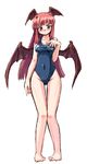  barefoot bat_wings blush full_body hair_intakes head_wings homura_subaru koakuma long_hair one-piece_swimsuit red_hair school_swimsuit shy simple_background solo standing swimsuit thigh_gap touhou wide_hips wings yellow_eyes 