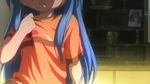  blue_hair head_out_of_frame hot izumi_kanata izumi_konata long_hair lucky_star photo_(object) screencap shirt shirt_tug short_sleeves sidelocks solo sweat t-shirt tatami very_long_hair 