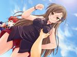  akane_yuki anger_vein breast_grab breasts brown_eyes brown_hair cloud cloudy_sky copyright_request day from_below grabbing green_eyes long_hair looking_down medium_breasts multiple_girls open_mouth short_hair shorts sky 