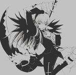  arm_up cross_print dress grey_background greyscale huge_weapon long_sleeves looking_at_viewer monochrome polearm pota_(nabrinko) rozen_maiden scythe simple_background solo suigintou unsheathed weapon wings 