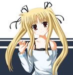  bare_shoulders black_bra blonde_hair blush bra closed_mouth fate_testarossa long_hair looking_at_viewer lyrical_nanoha mahou_shoujo_lyrical_nanoha odayan off-shoulder_sweater red_eyes sidelocks smile solo sweater twintails two-tone_background underwear upper_body 