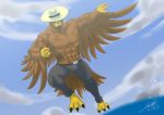  2017 3_toes 5_fingers avian beak belt bird brown_fur clothing cloud eagle feathers fur hat jabuhusky male muscular muscular_male pants sky tattoo toes water wings 