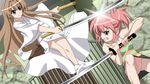  brown_hair edomae_lunar japanese_clothes katana long_hair multiple_girls panties pantyshot pink_hair sanshita seto_no_hanayome seto_sun short_hair socks sword underwear weapon 