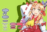  :d ascot detached_sleeves fangs gourd hand_on_forehead horns ibuki_suika japanese_clothes konata_gazel long_hair miko open_mouth orange_eyes orange_hair smile solo touhou 