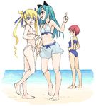  aqua_hair barefoot beach bikini blonde_hair blue_swimsuit day fang feet frilled_bikini frills green_hair hair_ribbon hands_on_hips hayama_kotono hijiri_misaki index_finger_raised legs long_hair multiple_girls navel open_mouth outdoors red_hair ribbon saint_october satou_atsuki shirafuji_natsuki short_hair standing swimsuit twintails 