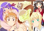  4girls artoria_pendragon_(all) blush emiya_shirou fate/stay_night fate_(series) fue_(rhomphair) fujimura_taiga matou_sakura multiple_girls saber tea toosaka_rin tray 