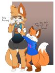 anthro aronhilistix bulge canine clothed clothing dialogue duo english_text feline food fox male mammal smile standing text thick_thighs toony wide_hips 