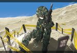  assault_rifle blurry boots camouflage caution_tape combat_boots depth_of_field desert fatigues gun helmet kazuki_ren keep_out letterboxed military military_uniform original rifle shadow sitting soldier solo sprout uniform weapon woodland_pattern 