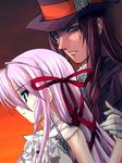  1girl al_azif azrad banned_artist bow couple demonbane hair_bow hat hetero lavender_hair moritan top_hat 