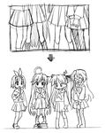  :3 :d greyscale hiiragi_kagami hiiragi_tsukasa izumi_konata long_hair lowres lucky_star monochrome multiple_girls nekono_osero open_mouth pantyhose short_hair siblings sisters smile takara_miyuki twins twintails 