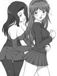  blush breasts cleavage copyright_request greyscale hair_over_one_eye hairband large_breasts monochrome multiple_girls pantyhose pleated_skirt school_uniform shichimenchou skirt strapless tubetop yuri 