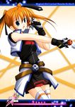  :d artist_request belt black_dress black_gloves cowboy_shot cross_mirage dress dual_wielding gem gloves gun holding looking_at_viewer lyrical_nanoha mahou_shoujo_lyrical_nanoha_strikers open_mouth smile solo sphere standing teana_lanster thighhighs weapon white_legwear zettai_ryouiki 