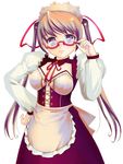  adjusting_eyewear apron breasts cleavage detached_collar dress glasses hand_on_hip long_sleeves looking_at_viewer maid medium_breasts original red-framed_eyewear red_dress semi-rimless_eyewear simple_background smile solo standing under-rim_eyewear waist_apron white_background yurikuta_tsukumi 