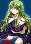  bangs c.c. code_geass covering green_hair isse kneeling long_hair solo yellow_eyes 