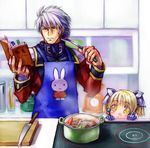  1girl age_difference apron blonde_hair book cooking irui_guneden kitchen knife ladle lowres miffy miffy_(character) nakamura_kanko pot reading sanger_zonvolt stove super_robot_wars weighing_scale white_hair 