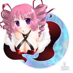 :o bangs bare_shoulders blush body_blush breasts bunny cape cleavage covered_nipples cup dark_hunter drill_hair embarrassed fur_trim hair_ribbon halterneck large_breasts looking_at_viewer minyo no_bra open_mouth pink_hair purple_eyes ribbon sekaiju_no_meikyuu shiny shiny_clothes shiny_hair short_hair solo surprised teacup twin_drills twintails upper_body 