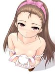  bare_shoulders blush bow brown_hair bunny crossed_arms flat_chest hair_bow hairband holding idolmaster idolmaster_(classic) idolmaster_1 long_hair minase_iori pink_bow pink_eyes solo strap_slip stuffed_animal stuffed_bunny stuffed_toy uni8 