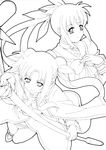  bardiche bow cape coat date_(senpen) fate_testarossa greyscale lyrical_nanoha magical_girl mahou_shoujo_lyrical_nanoha_strikers monochrome multiple_girls takamachi_nanoha twintails 