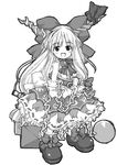  belt bow chain flowergarden full_body greyscale hair_bow horns ibuki_suika long_hair looking_at_viewer monochrome open_mouth ribbon_trim shirt shoes simple_background skirt sleeveless sleeveless_shirt smile solo standing touhou very_long_hair white_background wrist_cuffs 