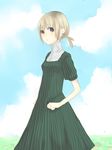  aqua_background blonde_hair cloud day dress green_dress grey_eyes itou_nanami original ponytail short_hair sky solo striped vertical_stripes 