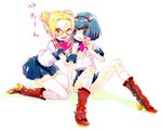  blonde_hair blue_eyes blue_hair boots bow copyright_request cupcake food glasses green_eyes hairband kneehighs magical_girl multiple_girls poitanu school_uniform socks thighhighs yuri zettai_ryouiki 