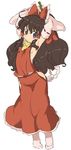  1girl armpits arms_behind_head arms_up ascot bow breasts brown_eyes brown_hair detached_sleeves full_body gohei hair_bow hair_tubes hakurei_reimu long_hair long_skirt looking_at_viewer randou red_bow red_ribbon red_skirt ribbon ribbon-trimmed_sleeves ribbon_trim side_slit sideboob simple_background skirt skirt_set small_breasts socks solo standing tiptoes touhou vest wavy_hair white_background white_socks 