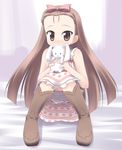  bare_shoulders blush boots brown_eyes brown_footwear brown_hair dress full_body holding idolmaster idolmaster_(classic) idolmaster_1 kagura_yuuki knee_boots long_hair looking_at_viewer minase_iori sitting solo stuffed_animal stuffed_bunny stuffed_toy upskirt very_long_hair white_dress 