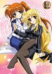  2girls blonde_hair fate_testarossa kanna_(plum) long_hair low-tied_long_hair lyrical_nanoha mahou_shoujo_lyrical_nanoha_strikers military military_uniform multiple_girls pantyhose takamachi_nanoha tsab_air_military_uniform tsab_executive_military_uniform uniform very_long_hair 