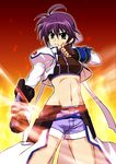  ahoge bandana blood blood_on_face blue_hair breasts covered_nipples cropped_jacket denim denim_shorts fingerless_gloves frown g-tetsu gauntlets gloves green_eyes headband jacket lyrical_nanoha magical_girl mahou_shoujo_lyrical_nanoha_strikers medium_breasts midriff navel open_clothes open_jacket revolver_knuckle short_hair short_shorts shorts single_fingerless_glove single_gauntlet solo subaru_nakajima waist_cape 