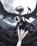  ass bangs bat black_eyes black_hair crossed_legs demon_girl earrings from_below full_moon gloves jewelry kazuoki long_hair looking_back moon night night_sky original pointy_ears sky solo standing star_(sky) starry_sky succubus tail thigh_strap very_long_hair watson_cross wings 