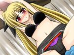  armpits arms_up black_bra black_panties black_skirt blonde_hair bra breasts cameltoe cleavage collarbone curtains dutch_angle fate_testarossa frown indoors lask lingerie long_hair looking_at_viewer lyrical_nanoha mahou_shoujo_lyrical_nanoha medium_breasts midriff navel panties skirt solo stomach twintails underwear upskirt very_long_hair 