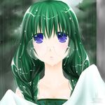  blue_eyes glasses green green_background green_hair hair_over_shoulder long_hair minyo philia_felice rain round_eyewear solo tales_of_(series) tales_of_destiny twintails wet 