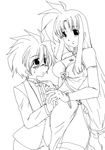  1girl arm_around_waist artist_request blush bow bowtie bracelet breasts cleavage criss-cross_halter dress elbow_gloves erio_mondial fate_testarossa formal gloves greyscale halterneck hand_on_another's_shoulder height_difference holding_hands jewelry lineart long_hair lyrical_nanoha mahou_shoujo_lyrical_nanoha_strikers medium_breasts monochrome necklace side_slit suit sweatdrop thighhighs very_long_hair 