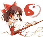  bow brown_eyes brown_hair detached_sleeves gohei hair_bow hakurei_reimu long_hair mikami_komata outstretched_arm sidelocks simple_background smile solo touhou yin_yang 