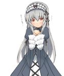  cross-laced_clothes frilled_sleeves frills hair_ribbon hairband jingai_modoki lolita_hairband long_hair long_sleeves looking_away looking_to_the_side red_eyes ribbon rozen_maiden silver_hair solo standing suigintou very_long_hair white_background 