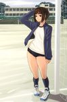  brown_eyes brown_hair buruma gym_uniform hair_ornament hairclip jacket original school short_hair soccer soccer_field solo yasuomi 