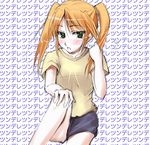  artist_request bad_anatomy black_wings green_eyes looking_at_viewer lyrical_nanoha mahou_shoujo_lyrical_nanoha_strikers miniskirt orange_hair shirt short_sleeves sitting skirt solo t-shirt teana_lanster text_focus wings 