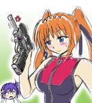  anger_vein bare_shoulders breasts chibi chibi_inset crossover gun handgun holding holding_gun holding_weapon large_breasts lowres lyrical_nanoha mahou_shoujo_lyrical_nanoha mahou_shoujo_lyrical_nanoha_strikers megatron multiple_girls pistol robot subaru_nakajima teana_lanster transformers wakabayashi_makoto walther walther_p38 weapon 