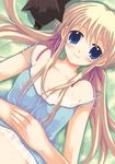  blonde_hair blue_eyes breasts camisole cat copyright_request grass hands_clasped long_hair nipples own_hands_together ribbon sakurai_unan small_breasts solo sweat twintails 