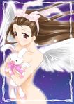  angel_wings bow breasts brown_eyes brown_hair cleavage collarbone floating_hair hair_bow hairband holding idolmaster idolmaster_(classic) idolmaster_1 itsuki_sayaka long_hair looking_at_viewer minase_iori nude pink_bow small_breasts solo stuffed_animal stuffed_bunny stuffed_toy very_long_hair white_wings wind wings 