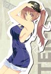 breasts brown_eyes brown_hair cutout dead_or_alive denim halftone halftone_background hat iizuki_tasuku kasumi_(doa) large_breasts looking_at_viewer naked_overalls no_bra overall_shorts overalls ponytail sideboob solo 
