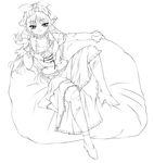  bare_legs dress full_body greyscale knees_up lineart looking_at_viewer lying mashue monochrome on_back original pillow shoes simple_background solo spread_legs white_background 