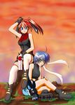  ankle_boots armpits artist_request bare_legs black_footwear black_gloves blue_eyes boots breasts cross_mirage evening full_body gloves gun large_breasts looking_at_viewer lyrical_nanoha mahou_shoujo_lyrical_nanoha_strikers multiple_girls orange_sky outdoors red_hair revolver_knuckle skin_tight sky standing subaru_nakajima teana_lanster thigh_strap thighhighs twintails vest weapon 