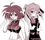  antenna_hair artist_request bare_shoulders blush cross_mirage eyebrows eyebrows_visible_through_hair gloves limited_palette long_hair looking_at_viewer lyrical_nanoha mahou_shoujo_lyrical_nanoha_strikers midriff multiple_girls navel simple_background stomach subaru_nakajima teana_lanster white_background 