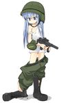  age_regression blue_eyes blue_hair boots gun helmet long_hair mamo_williams military original oversized_clothes solo strap_slip tank_top uniform wardrobe_malfunction weapon younger 