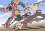  3boys blackalpha blue_sky cloud cloudy_sky day from_side gurren-lagann kamina leeron mecha multiple_boys pale_color running shirtless simon sky tengen_toppa_gurren_lagann thighhighs yoko_littner 