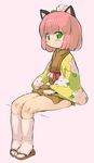  animal_ears cat_ears green_eyes hieda_no_akyuu japanese_clothes kemonomimi_mode kimono pink_hair randou sandals short_hair short_kimono sitting sketch socks solo touhou 