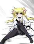  black_legwear blonde_hair crotch_seam fate_testarossa long_hair lyrical_nanoha mahou_shoujo_lyrical_nanoha panties panties_under_pantyhose pantyhose solo underwear yamaura_tamaki 